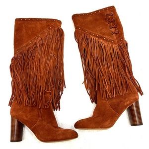 INC | Tolla Knee-high Fringe Spiced Orange Leather Women's Boots